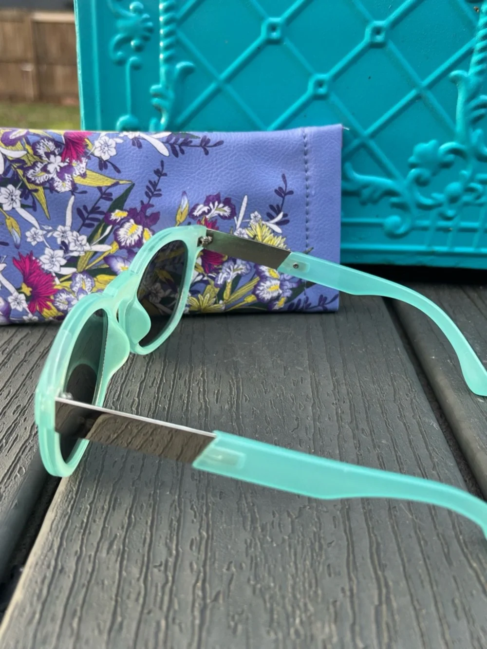 Retro Perverse Mirrored Light Blue Sunglasses w/ Floral Case UV400 Y2K